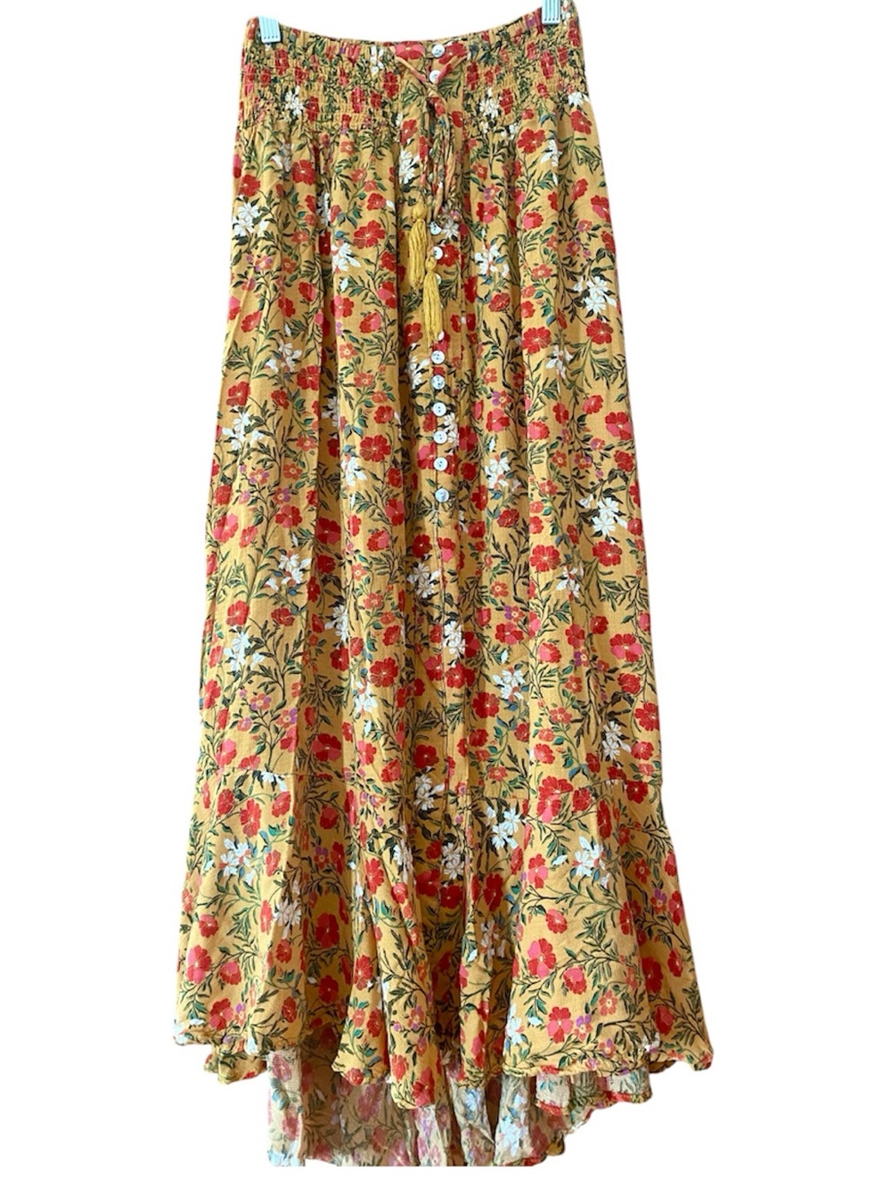 Ava Christine Floral High Low Maxi Skirt Smocked Waist Boho Mustard S